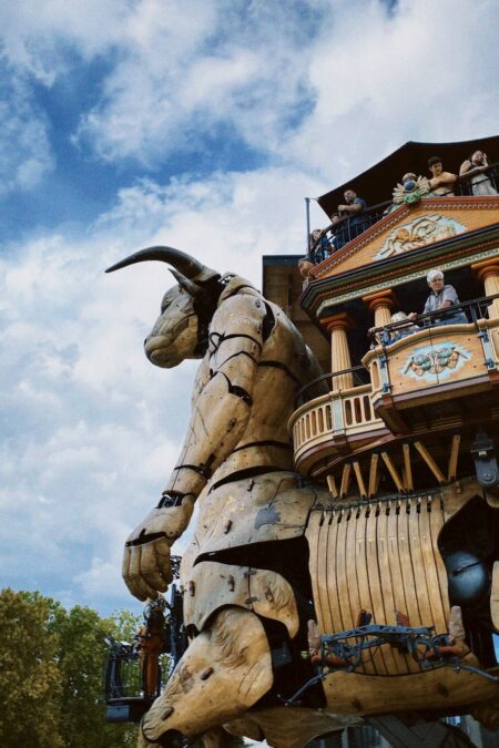 wooden minotaur statue building