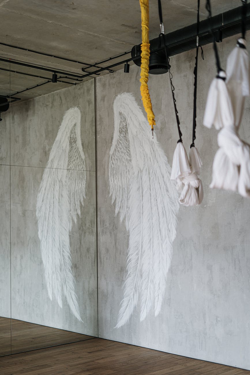 white wings hanging on wall
