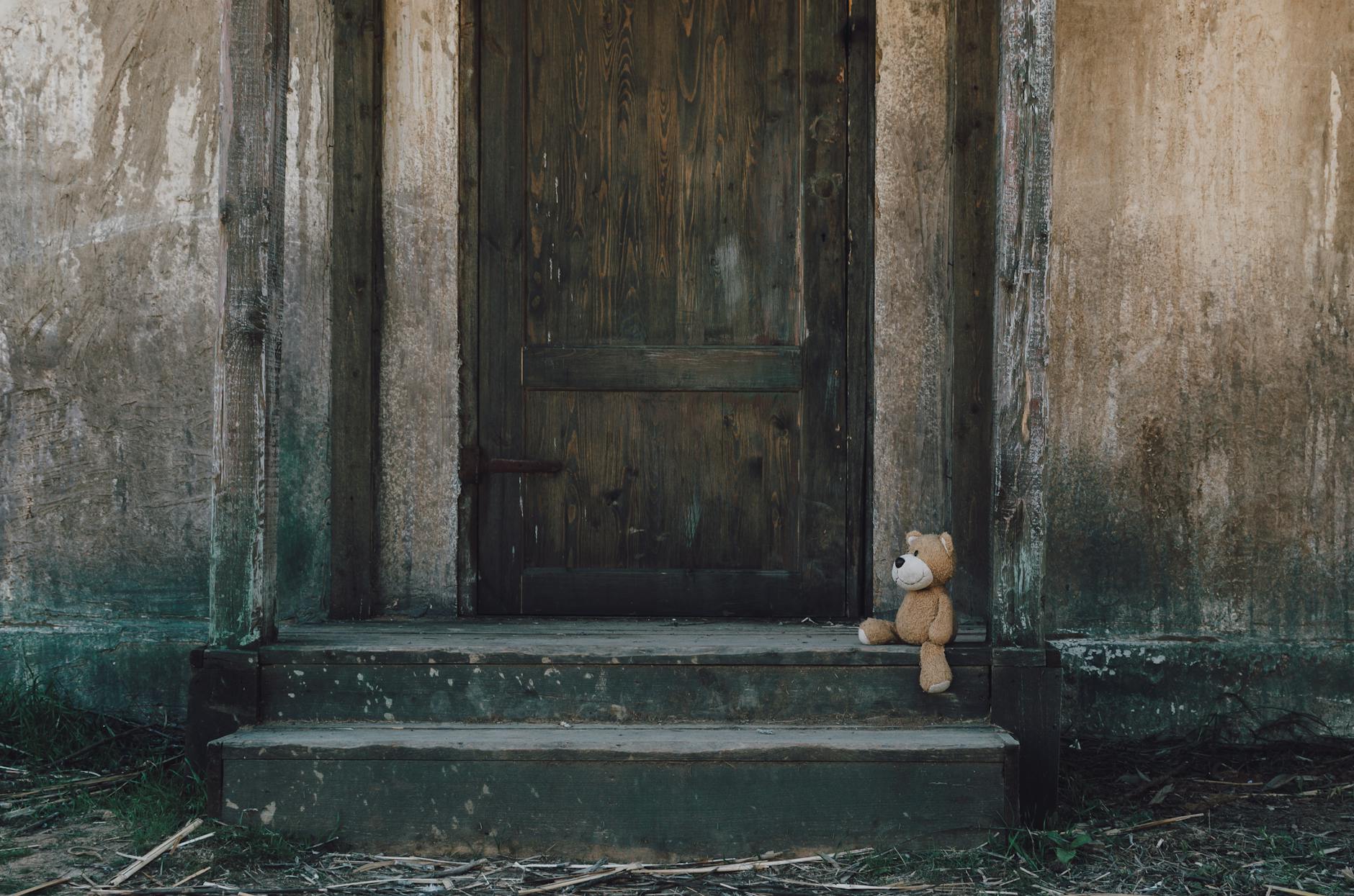 brown teddy bear near wooden door