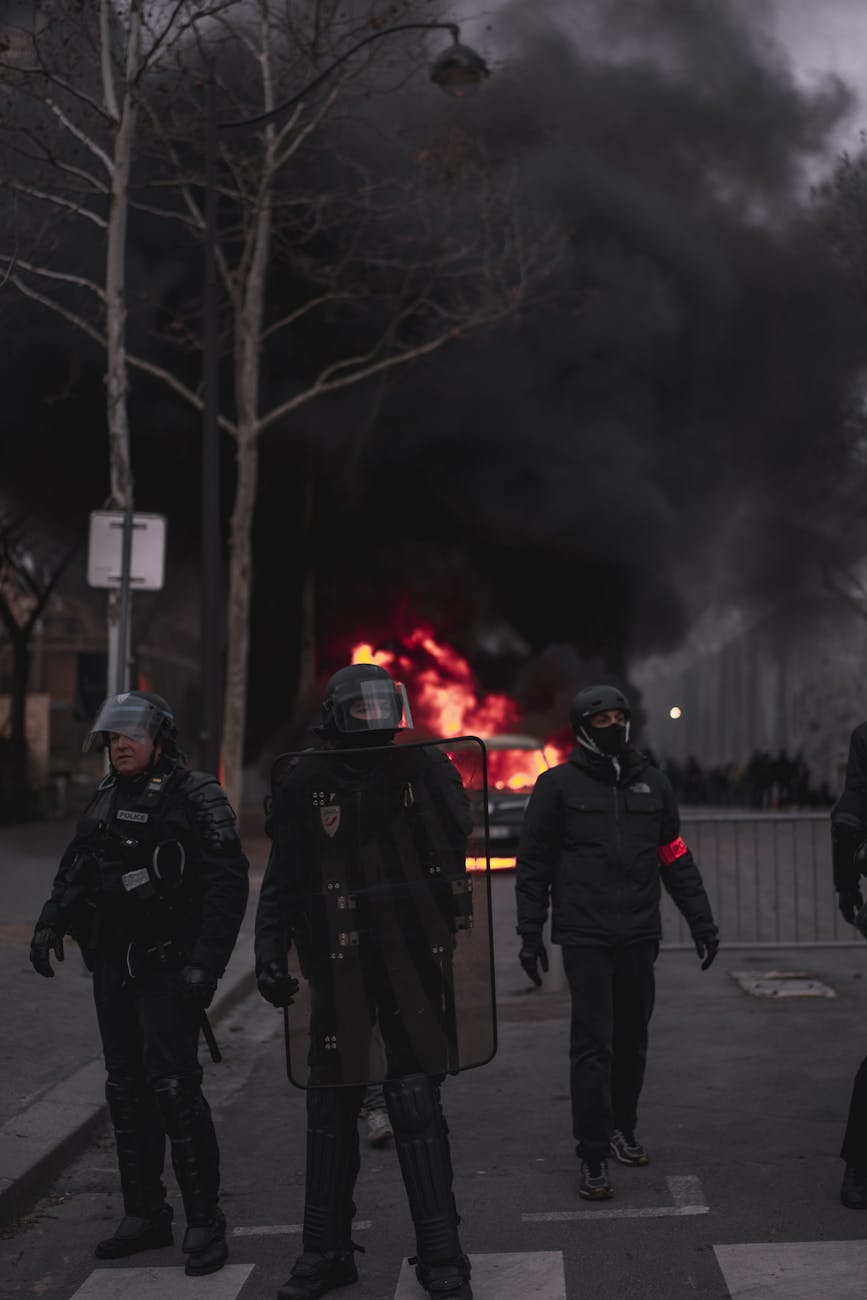 three firemen standing near trees