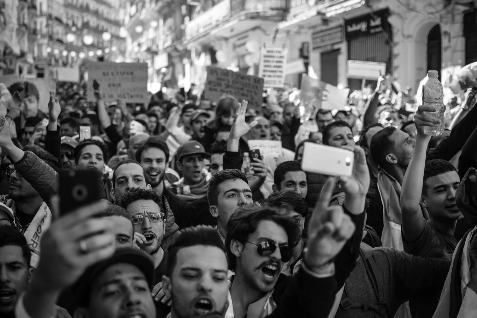 crowd of people black and white photo