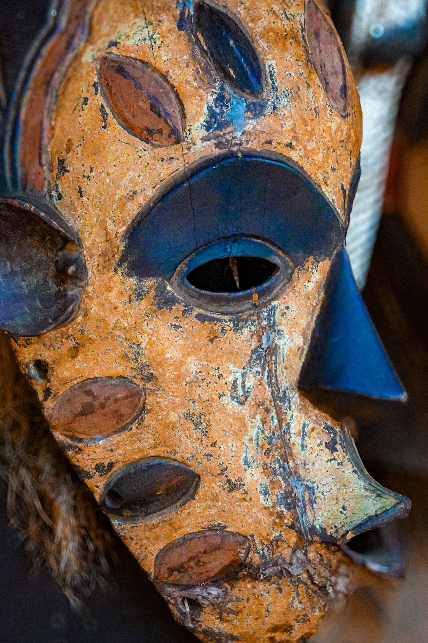 intricately designed african tribal mask close up