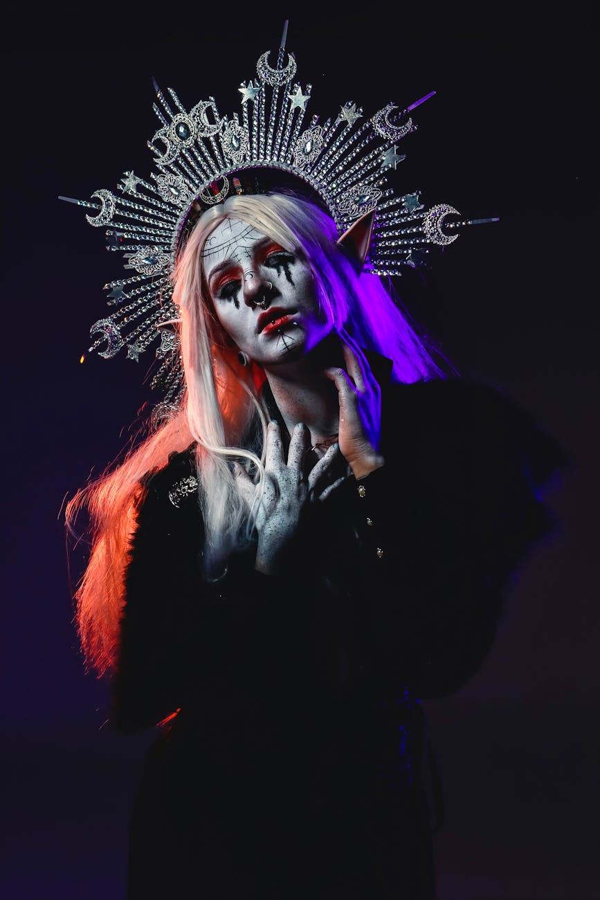 woman in scary elfa costume