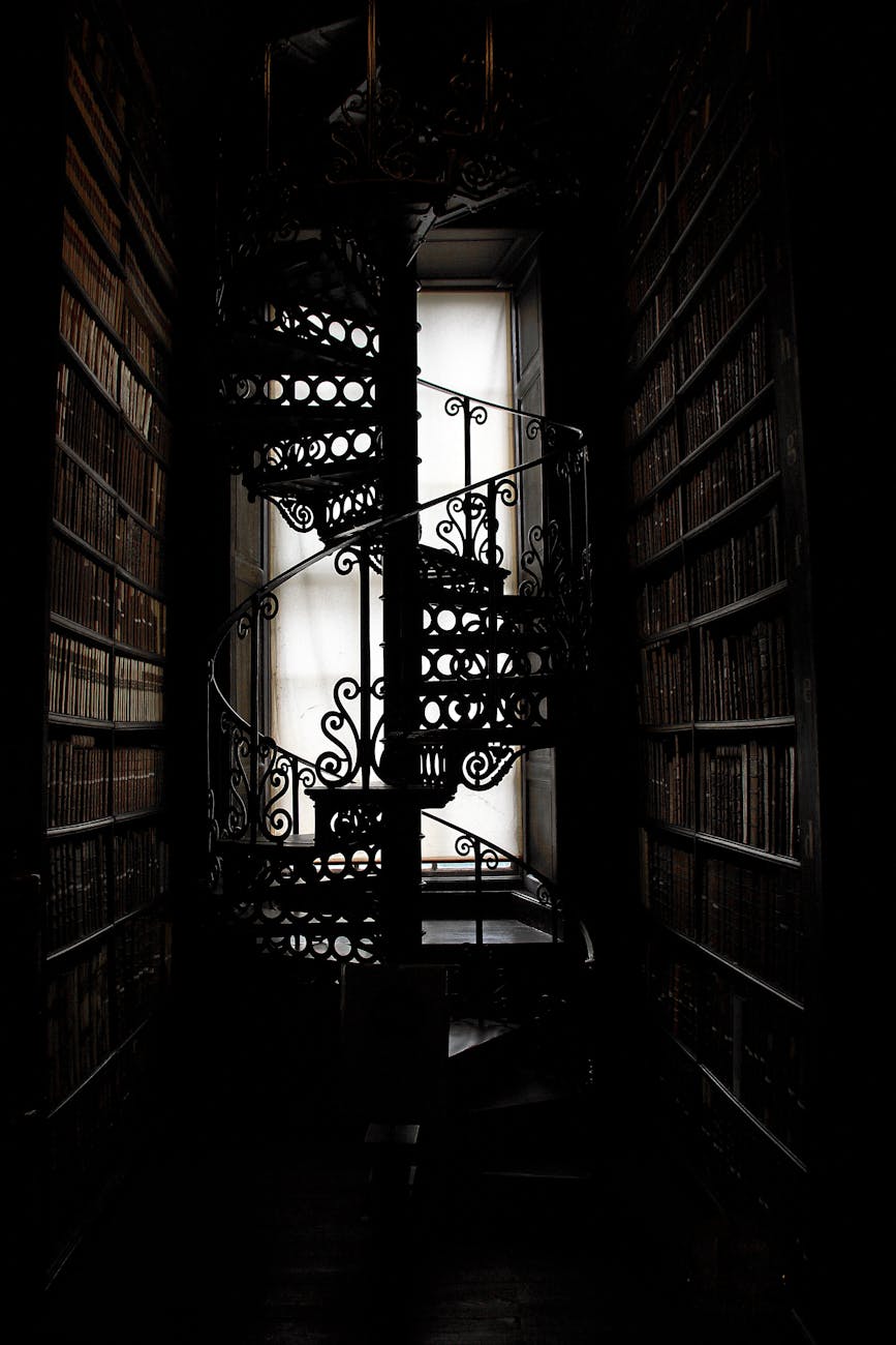 spiral staircase in between bookshelves