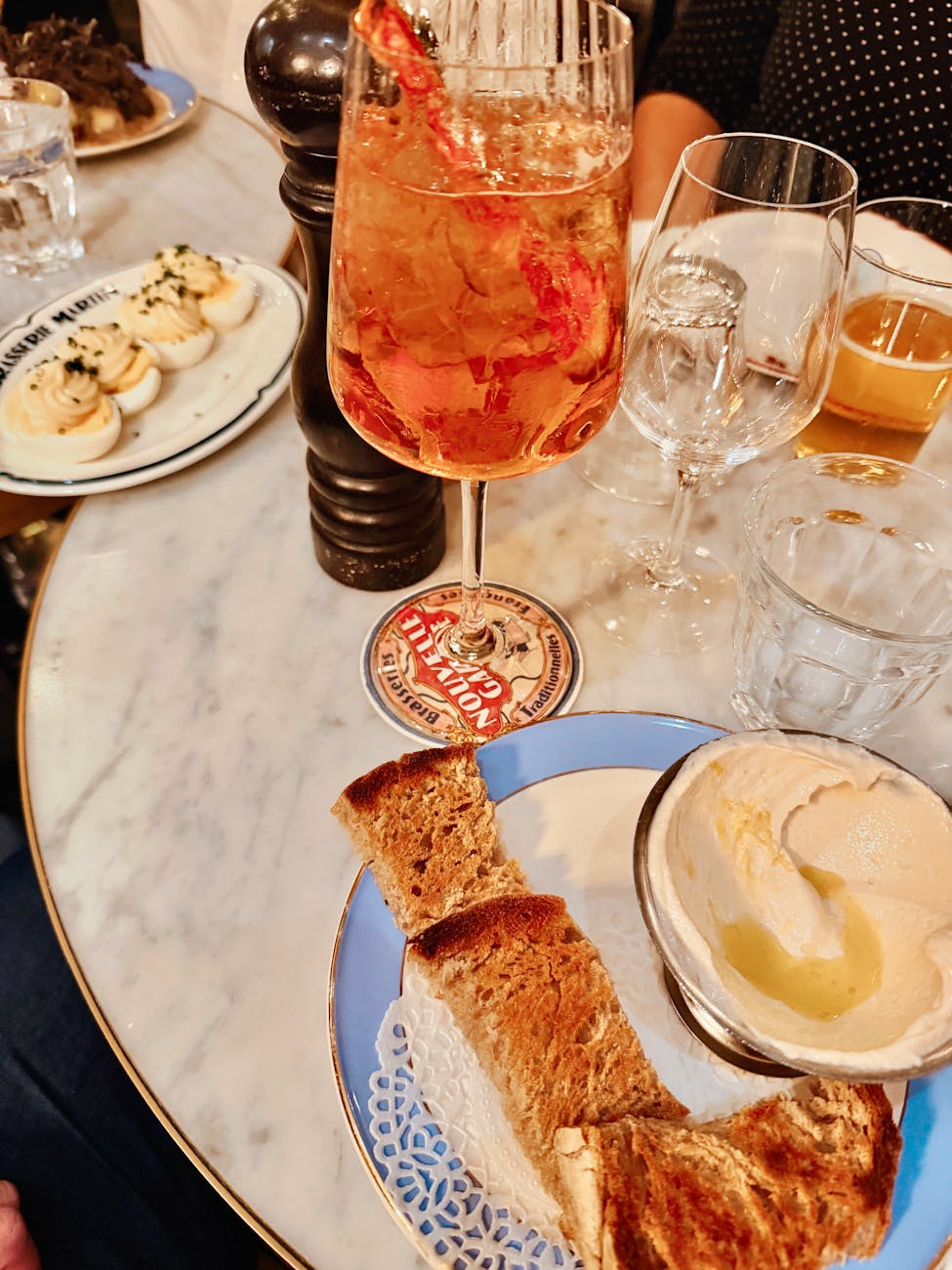 appetizing brunch with drinks and deviled eggs