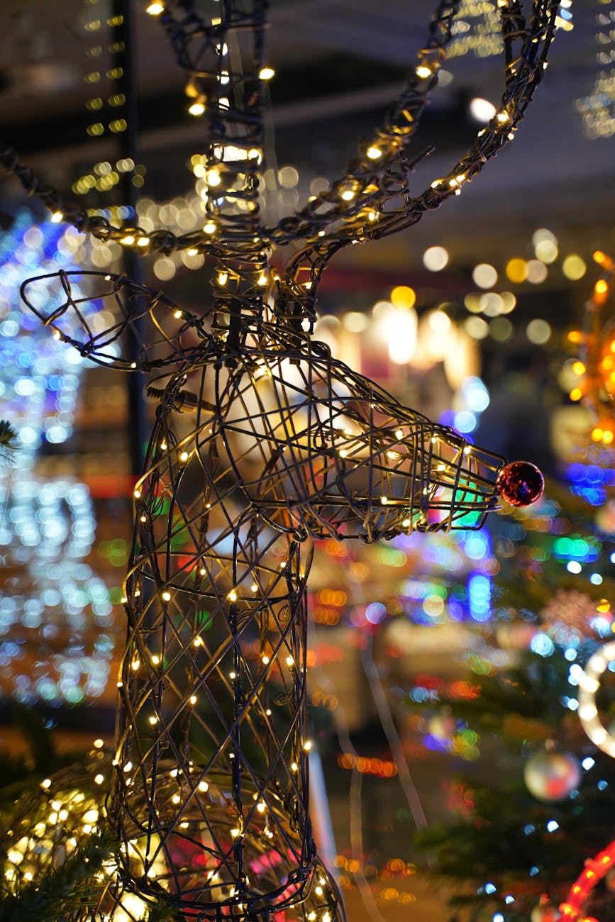 metal wires made to a deer figure with christmas lights