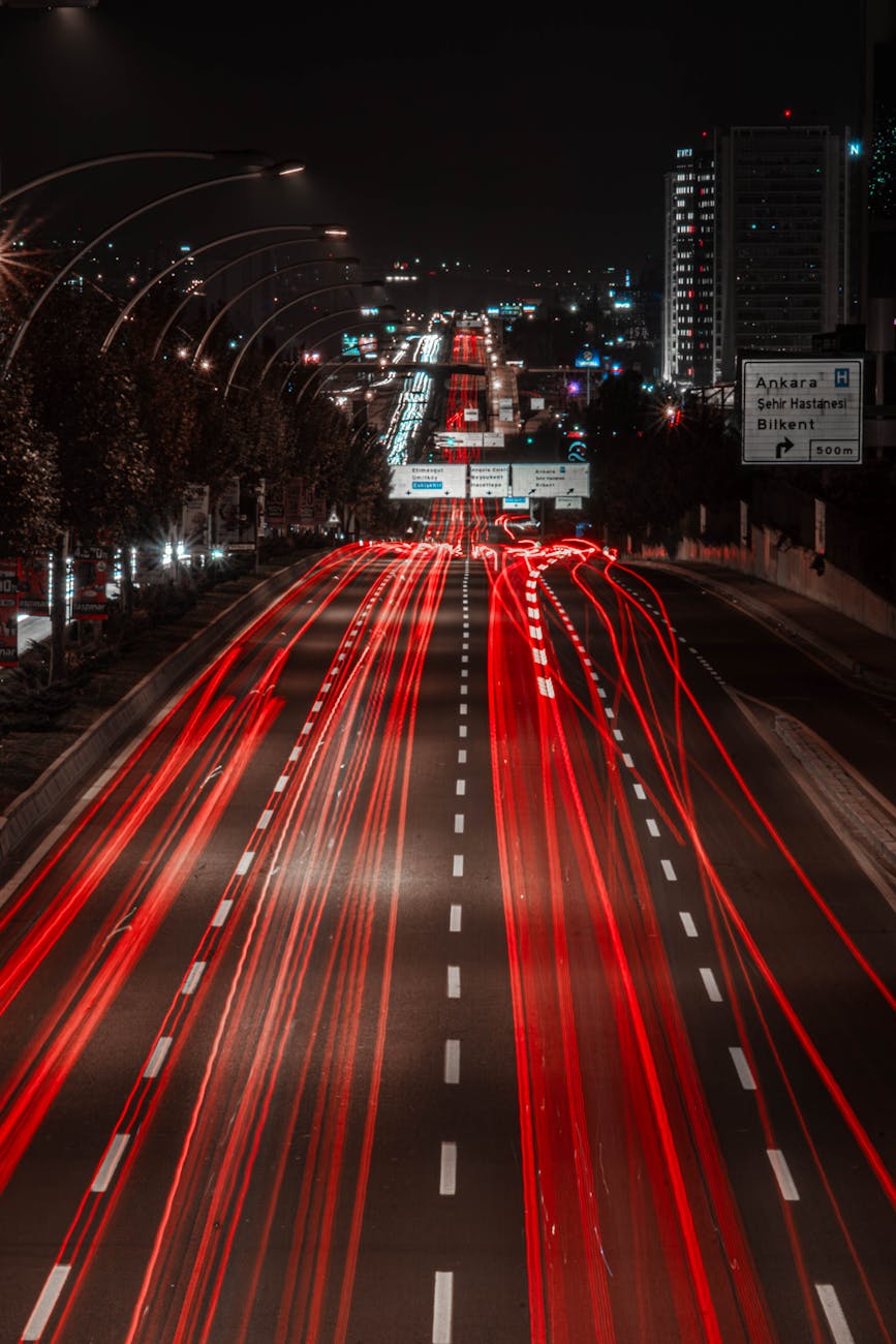 dynamic city night traffic light trails