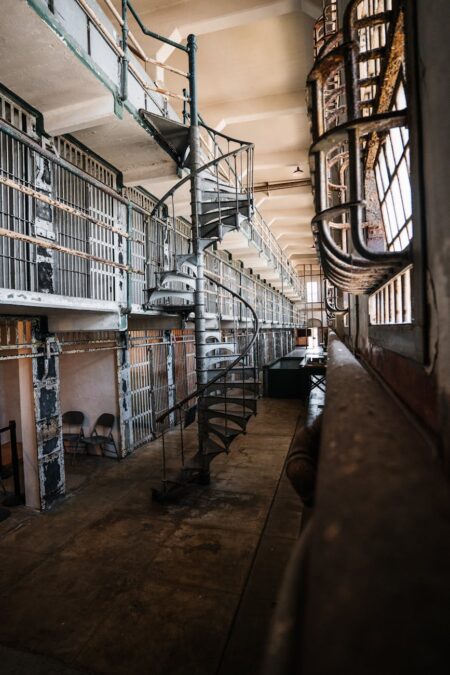 historic alcatraz prison interior with spiral staircase